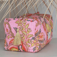 Blockprint toiletry bag Fez pink flower gold L