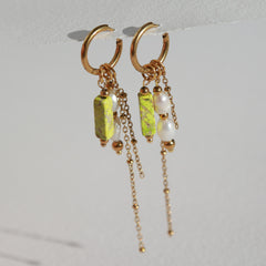Gold earrings pearl stone lime green