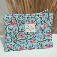 Make up tasje turquoise bloem