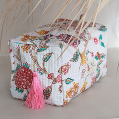 Trousse de toilette blockprint fleurs sauvages blanches