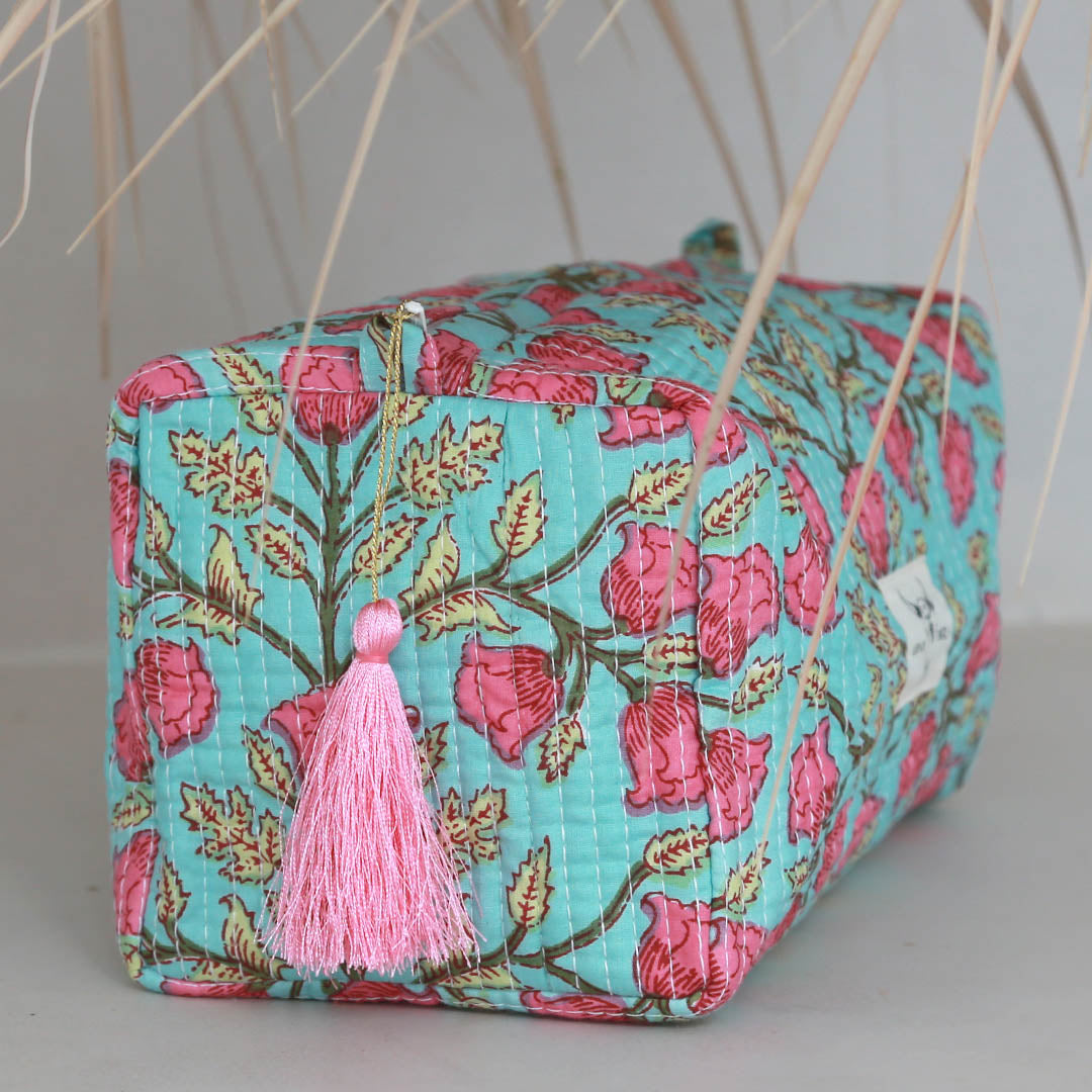 Blockprint toilettas Fez turquoise flower pink M