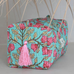 Blockprint toilettas Fez turquoise flower pink M
