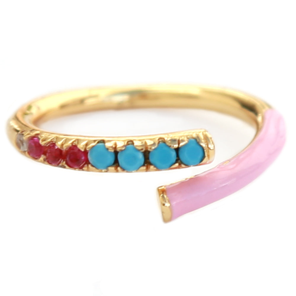 Bague ouverte strass turquoise/rose