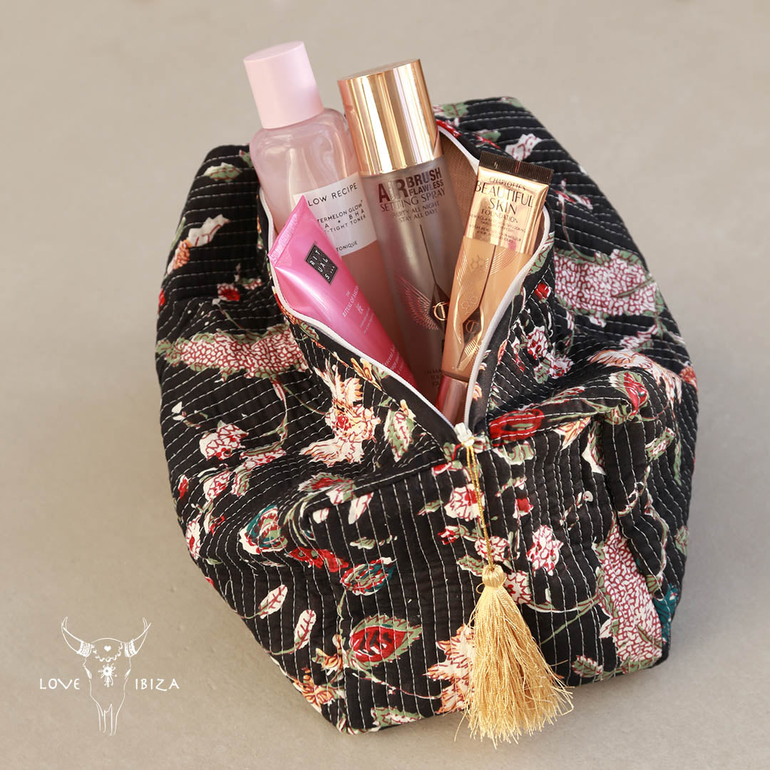 Blockprint toiletry bag Fez flower black L