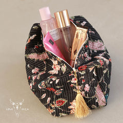 Blockprint toiletry bag Fez flower black L