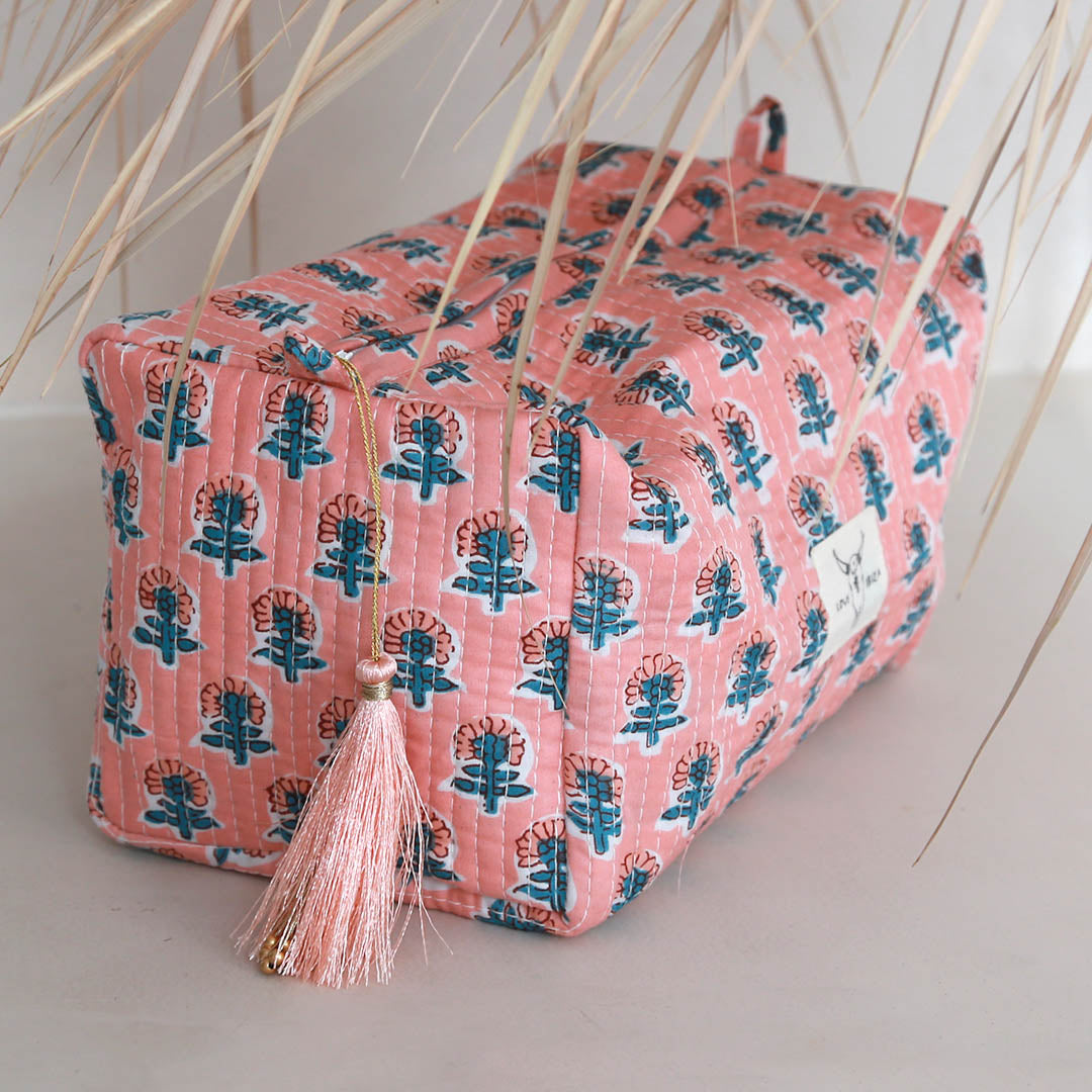 Trousse de toilette blockprint floral corail